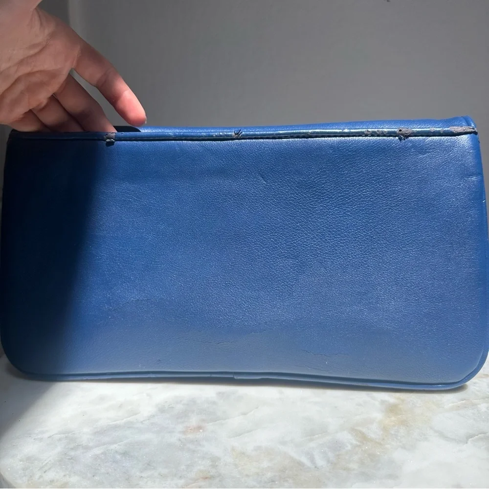 Tory Burch Cobalt Blue Logo Clutch Bag With Removable Shoulder Strap Gold Accent